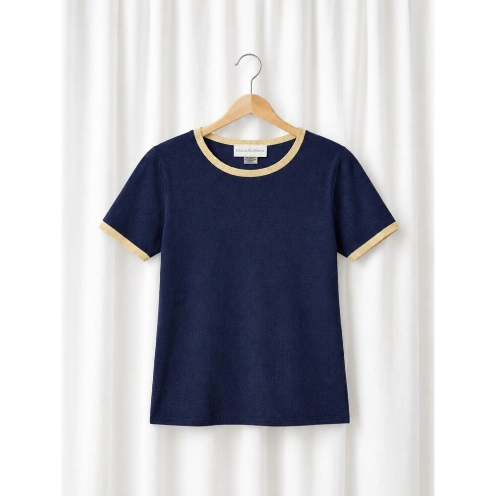 Vintage Casual Corner Navy Blue Metallic Gold Short Sleeve Timeless Knit Sweater